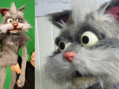 Un chat en mousse et fourrure. Créé avec moving puppet, pour une publicité pour le sucre Daddy. Production Moving puppet