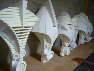 Les masques des fétiches en construction. Fabriqués avec Jean Christophe Leblanc.